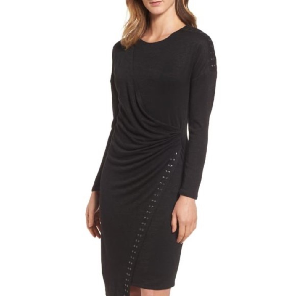 Nic+Zoe Wrap Dress Onyx Black Studded Long Sleeves M New